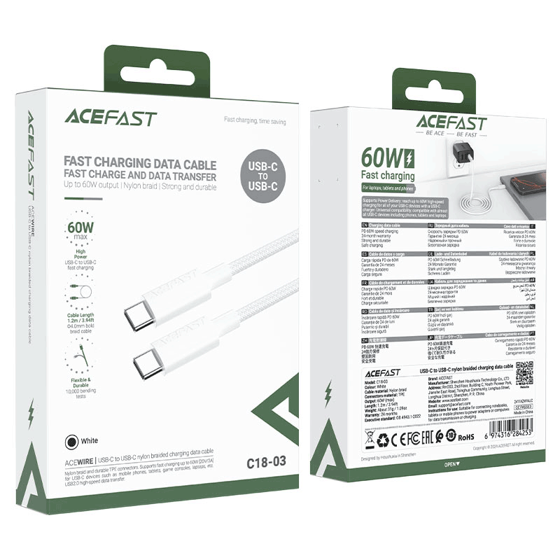 کابل Type-C به Type-C ایسفست ACEFAST C18 – 03 طول 1.2 متر توان 60 وات